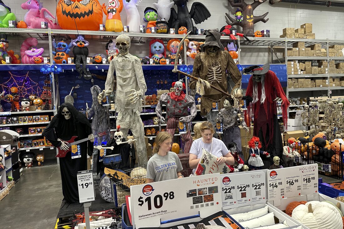 People look at Halloween displays at a Lowe's Home Improvement store in East Rutherford, NJ, on August 30, 2023.