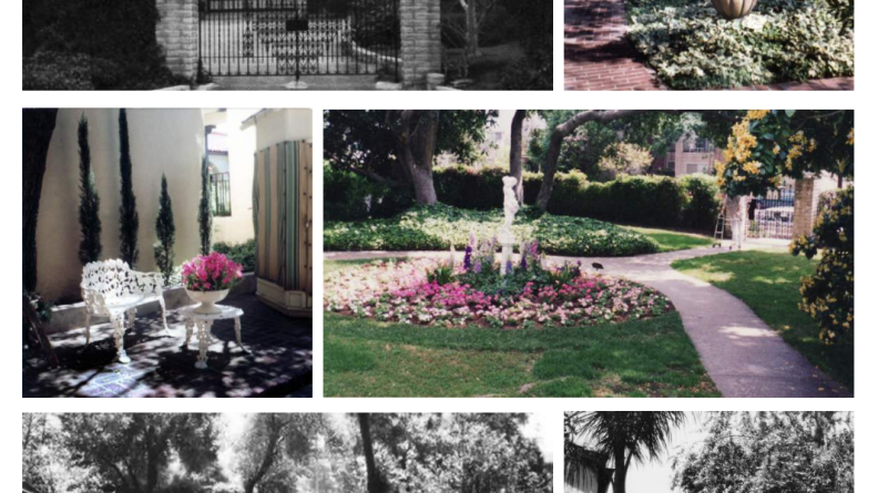 Pictures of Rockhaven Sanitarium show manicured gardens, black and white photos of front gates and pictures of palm trees and walkways.